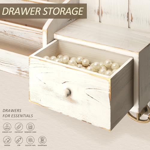 Rebee Vision Key Holder Wall Mount with Mail Sorter - Farmhouse Mail and Key Organizer for Wall with Small Drawer Organizer - Ideal Farmhouse Home Decor Solution (Whitewash) - color: Whitewash