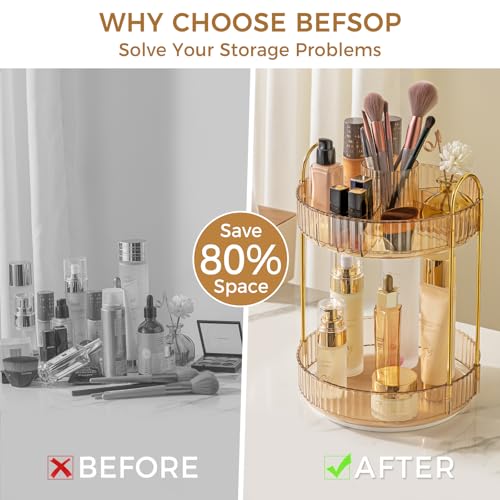360° Rotating Makeup Organizer, Upgraded 2 Tier Skincare Perfume Organizers for Women, Bathroom Organizer Countertop, Clear Cosmetic Dresser Organizer with Makeup Brush Holder, Sink&Counter(Amber) - color: Gold, size: 2 Tier