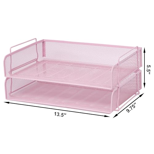 EASEPRES 2 Pack Stackable Desk Paper Tray, Metal Mesh Desktop Document Letter File Organizer for Office Home School, 13.5'' L x 9.75'' W x 5.5'' H, Pink - color: 2 Pack Pink