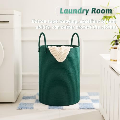 Artfeel Laundry Basket,Woven Cotton Rope Laundry Hamper,40L for Decorative Storage of Dirty Clothes,Toys and Blankets in Bathroom,Baby Room and Living Room - color: Dark green, size: 40L