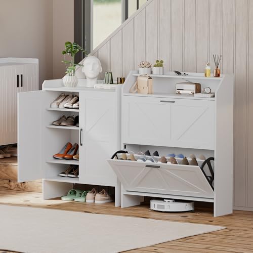 Mericonia Farmhouse Shoe Cabinet with 2 Flip Drawers, Shoes Storage Cabinet, Freestanding Shoe Rack Organizer for Entryway, White - color: C-white (Flip Drawers)