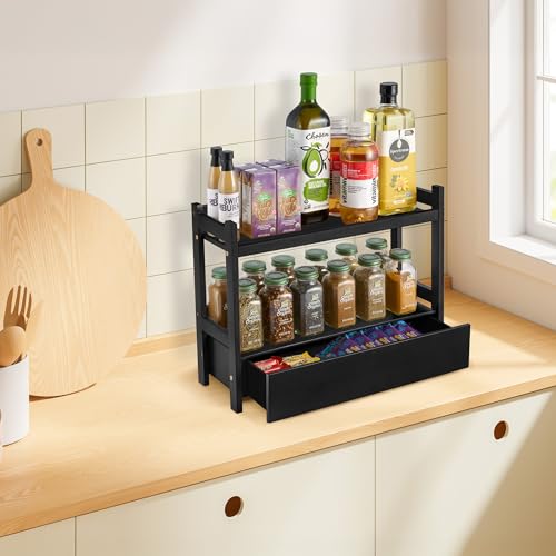 Sorbus Bamboo Bathroom Counter Organizer – 2-Tier Shelf with Hidden Drawer for Vanity, Matcha Station, Bathroom Sink Organizer Countertop, Kitchen & Office Storage (17″ L x 6.5″ W x 12.6″ H) (Black) - color: Black, size: 17" x 6.5" x 12.6"