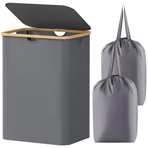 Lifewit 150L Laundry Basket with Lid, Clothes Hampers for Laundry with Bamboo Handles and 2 Removable Bags, Large Foldable Laundry Hamper for Bedroom, Bathroom, Dorm, Grey - color: Gray, size: 150L