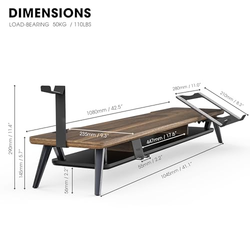Fenge Dual Monitor Stand, Monitor Riser for 2 Monitors with Adjustable Laptop Riser , 42.5 Inch Desk Shelf for Top of Desk with Phone Holder& Headphone Stand - color: brown