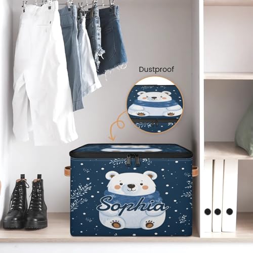 Custom Storage Basket with Name, Personalized Storage Bins with Zipper Lid, Foldable Fabric Storage Box Large capacity with Handle Snowflake White Bear - color: Option 1