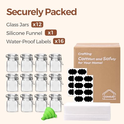 ComSaf Set of 12 Square Glass Spice Jars with Airtight Lids (4 Oz), Mini Favor Jars with Wire Clamp for Honey, Herbs & Farmhouse Kitchen Pantry Organization, with Funnel & Labels - size: 4oz*12