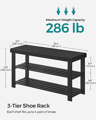 SONGMICS Shoe Rack Bench, 3-Tier Bamboo Shoe Storage Organizer, Entryway Bench, Holds Up to 286 lb, 11.3 x 35.4 x 17.8 Inches, for Entryway Bathroom Bedroom, Ink Black ULBS90B33 - color: Ink Black, size: 35.4"W