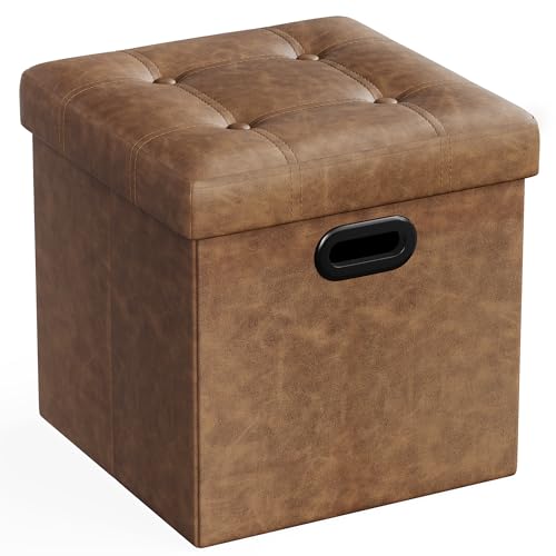 SONGMICS Mazie Collection - 15 Inches Ottoman with Storage, Footstool, Storage Ottoman with Metal Handles, Load 660 lb, for Dorm, Living Room, Bedroom, Synthetic Leather, Coffee Brown ULSF030K01 - color: Coffee Brown, size: 15"D x 15"W x 15"H