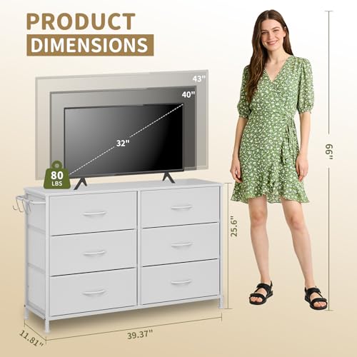 Dresser for Bedroom with 6 Drawers, Small Fabric Dressers for Kids Bedroom, Chest of Drawers, Storage Organizer Dresser for Closet, Nursery, Dorm, Apartment, TV Stand Living Room Wooden Top (White) - color: White, size: 11.8"D x 39.4"W x 25.6"H (6 Drawers