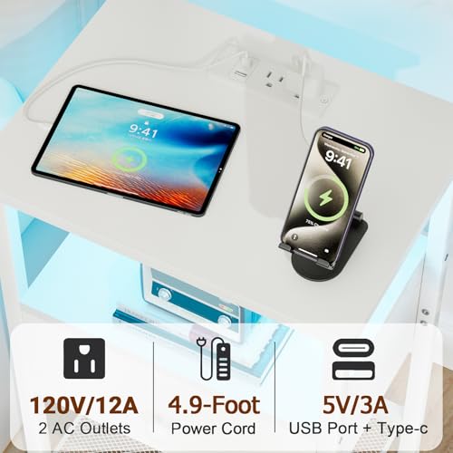 LOAKEKEL LED Night Stand with Charging Station, Small Bedside Table with USB Ports & Outlets, Fabric Storage Drawer with PU Finish for Bedroom, White, HETS01WT-1 - color: White, style: One-drawer