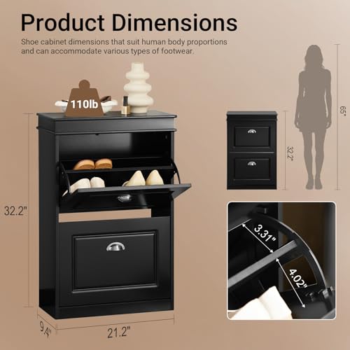Haotian Small Shoe Cabinet, Black 2 Flip Drawers Freestanding Shoe Rack, Shoe Storage Cupboard Organizer (9.45" D x 20.87" W x 32.28" H), FSR78-SCH - color: Black, size: 2 Drawers (S)