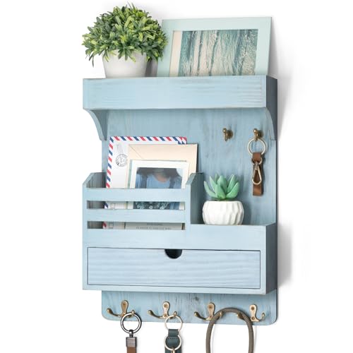 Rebee Vision Farmhouse Key Holder Wall Mount with Drawer Organizer – Pine Wooden Mail & Key Organizer with 6 Sturdy Hooks & Floating Shelf – A Perfect Touch of Style for Rustic Home Decor (Blue) - color: Blue, style: Large Drawer