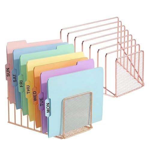 Simmer Stone 2 Pcs Incline File Sorter, 7 Slot Magazine Holder for Letter, Document, Folder and Book, Metal Desktop Organizer Rack for Home, School and Office (2-rose gold) - color: 2-rose gold