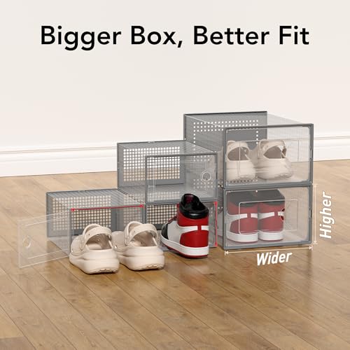 Foluck X-Large Shoe Storage Box, 15 Pack Clear Plastic Stackable Shoe Organizer for Closet, Interlocking Design Shoe Container Bins for Sneakers, Foldable Shoe Rack with Lids, Gray - color: Gray