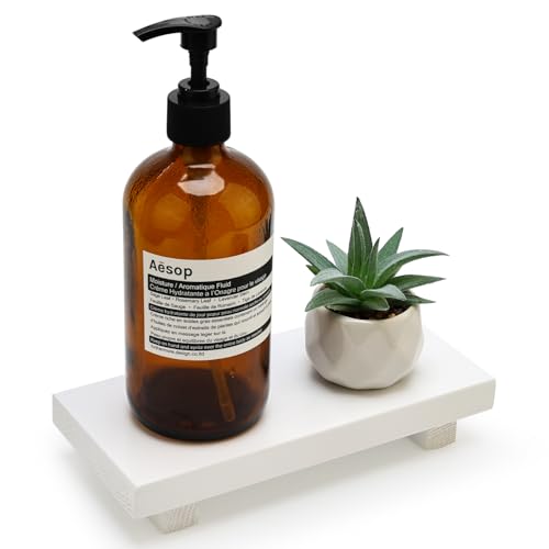 White Wooden Bathroom Counter Tray Organizer Small Wood Risers Pedestal Stand Kitchen Soap Dish Dispenser Holder for Bathroom Counter Decor Farmhouse Bathroom Sink Accessories Modern Vanity Tray - color: White, size: 8.6" x 4" x 1.6"
