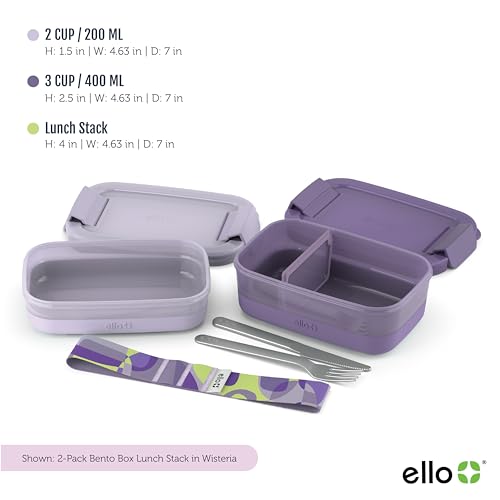 Ello 2-Pack Bento Box Lunch Stack Plastic Food Storage Container | Leak-Proof Locking Plastic Lids | Silicone Base | BPA-Free | Freezer Microwave and Dishwasher Safe | Wisteria - color: Wisteria