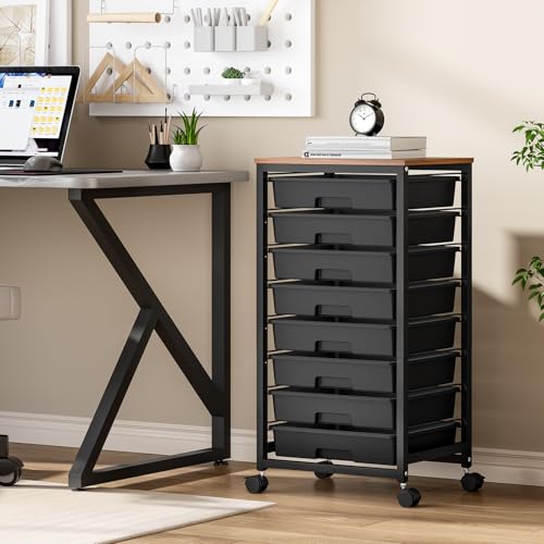 SYKIARIOL Rolling Storage Cart with Drawers,Utility Cart With 8 Drawers and Wooden Tabletop,Rolling Drawer Cart,Storage Drawer Cart for Living Room,Classroom,Bedroom,Bathroom,Dorm,Office, Black - color: Black