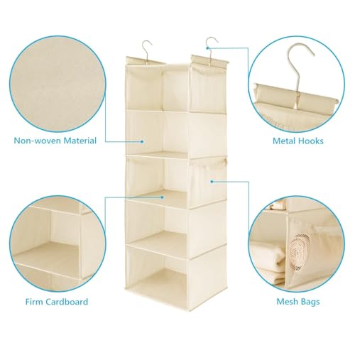 MAX Houser 5 Shelf Hanging Closet Organizer, Space Saver, Cloth Hanging Shelves with 4 Side Pockets, Foldable, Beige - color: Beige-6