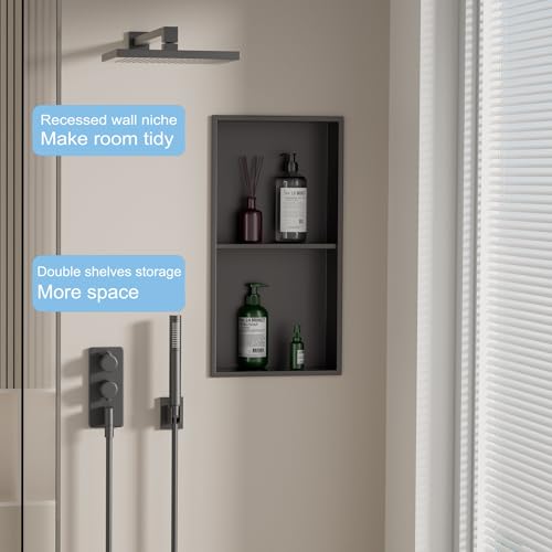 No Tile Needed Shower Niche for Bathroom Storage,Recessed Wall Niche,Double Shelves,Stainless Steel(Black, 24 * 12 in) - color: Black, size: 24 * 12 in