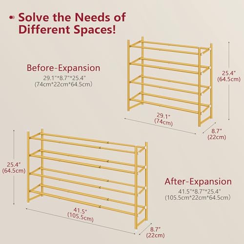 Tajsoon Expandable Shoe Rack for Closet 4 Tier, 29“-41“Adjustable & Stackable Shoe Shelf Storage, Metal Shoe Rack Organizer for Front Door Entrance, Closet, Garage, Entryway, Gold - color: Gold, size: 4 Tier