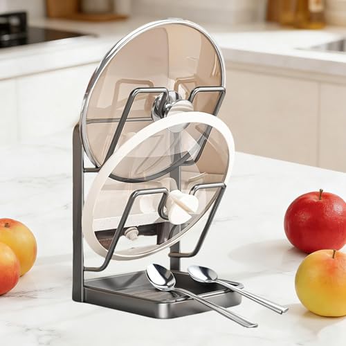 304 Stainless Steel Kitchen Pot Lid Storage Rack, Pot Lid Holder while Cooking, Pot Lid Organizer with Removable Tray & Spoon Rest,Waterproof & Rustproof (Grey, 2 Layer) - color: Gray, size: Double