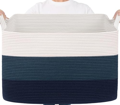 Goodpick 105L Extra Large Woven Basket 25" x 16" x 16" Cotton Rope Storage Baskets for Organizing, Rectangle Blanket Basket Living Room, Toy Storage Baskets for Kids, Blue - color: Light Blue, size: XX-Large(25"L x 16"W x 16"H)
