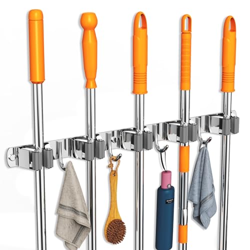 CUXIXA 2 Pack Mop and Broom Holder Wall Mount, Non-slip Broom Hanger Wall Mount, Heavy Duty Mop Broom Organizer for Kitchen Garden Garage Laundry Room Wall Decor Organization and Storage Silver 5R4H - color: Silver, size: 2Pack 5R4H