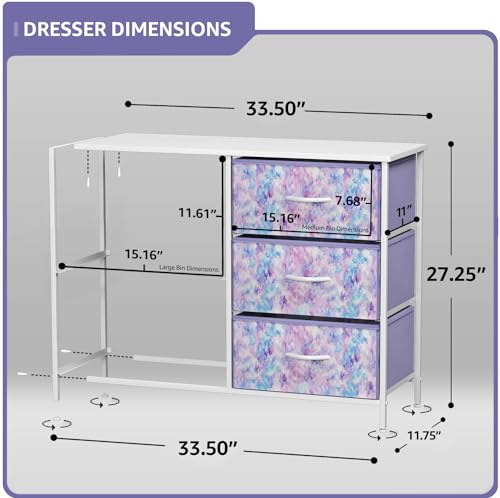 Sorbus Kids Dresser with 5 Drawers - Storage Chest Organizer Unit with Steel Frame, Wood Top & Handles, Tie-dye Fabric Bins for Clothes - Wide Furniture for Bedroom Hallway Kids Room Nursery & Closet - color: Purple Tie Dye, style: 5-Drawer