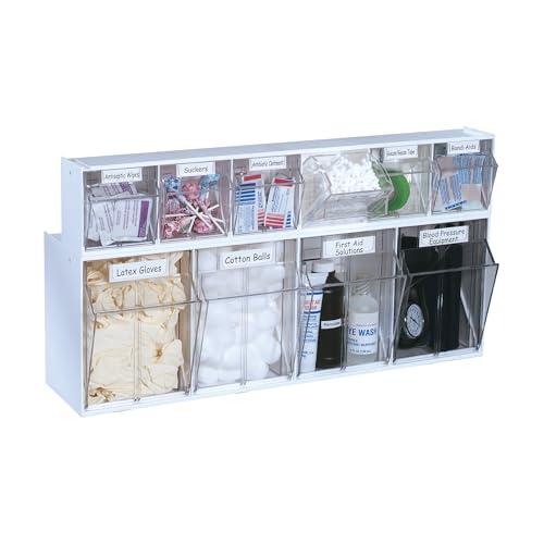 Deflecto Interlocking Tilt Bin, 4 Bin Unit, Clear and White, 23-5/8” x 8-1/8” x 6-5/8” (20403OP) - style: 4 Bins