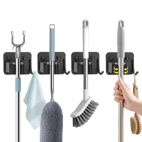 Broom Holder Wall Mount with Screws (4 Pack) Broom and Mop Organizer Wall Hanging, Anti-Slip Mop Holder Broom Hanger with Hooks, Stainless Steel Tool Rack for Garden Garage Organization - color: Black