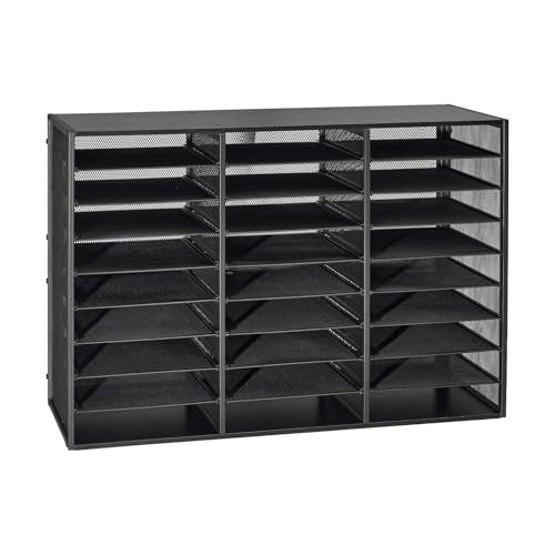 VEVOR Literature Organizer, 27 Compartments Metal Office Mailbox with Detachable Wire Mesh, Mailbox Sorter with Wooden Top, Countertop Office Home Storage Organizer for File, Document, Paper, Black