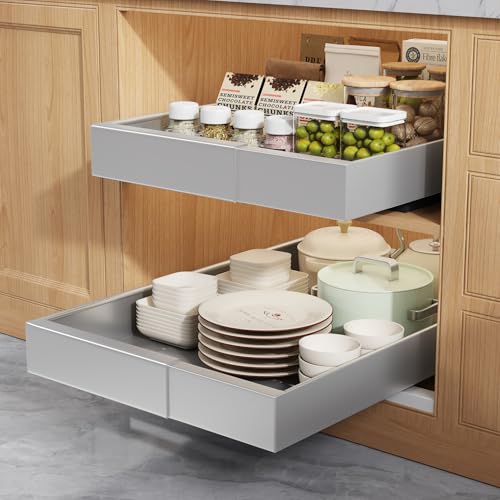 Seinloes 2 Pack Pull Out Cabinet Organizers 21" Deep With Raising Pad for Framed Cabinets, Expandable Width (9"-14") Slide Out Drawers Upgrade 3 Slide Rails, Roll Out Shelves Adhesive, Silver - color: Silver, size: 9"-14"Wide x 21"Deep(2 Pack)