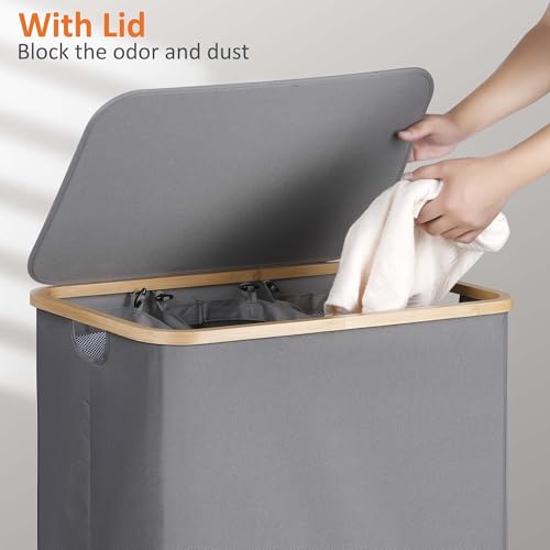 efluky Laundry Hamper with Lid, Trio Laundry Hamper with 3 Removable Bags, 3 Section Laundry Basket with Bamboo Handles for Bathroom, Bedroom & Laundry Room, 160L Silver Grey - color: Silver Grey, size: 160L Trio