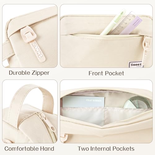 Sooez Original High Capacity Pencil Case, Big Pencil Bag Pouch Box Organizer Pen Case, Aesthetic Supply for Girls Adults, Portable Journaling Supplies with Easy Grip Handle & Loop, Beige - color: Beige