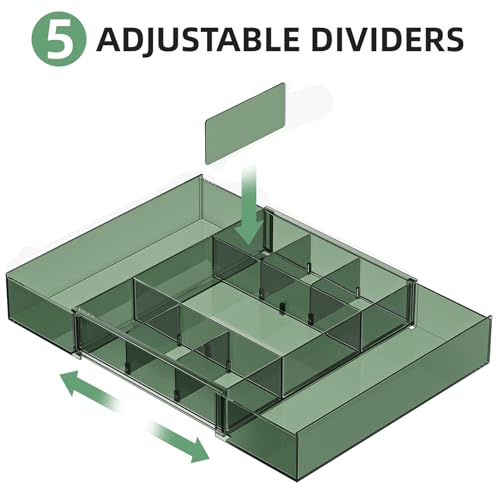 Marbrasse Expandable Desk Drawer Organizer, Clear Plastic Drawer Organizer Tray with 10 Adjustable Compartments, Desk Organizers and Accessories, 5 Drawer Dividers for Office Supplies(Clear Green) - color: Clear Green