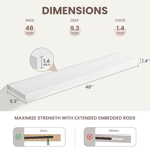 Floating Shelves for Wall,48 Inch Wall Mounted Rustic Wood Shelves,9.3" Deep Wall Shelf with Invisible Brackets,Large Deep Floating Shelf for Bathroom,Bedroom,Living Room,Book/Storage/Decor,White - color: White, size: 48 Inch,Set of 2