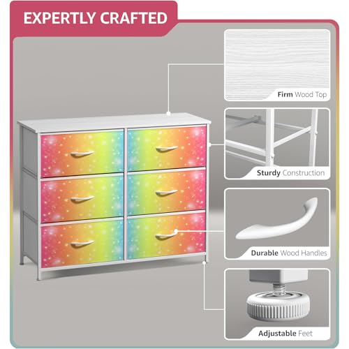 Sorbus Dresser with 6 Drawers - Furniture Storage Tower Unit for Bedroom, Hallway, Closet, Office Organization - Steel Frame, Wood Top, Easy Pull Fabric Bins (6-Drawer, Rainbow) - color: Colorful With Stars, style: 6-Drawer