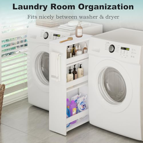 MARTY Rolling Storage Cart 7.9" W, 4-Tier Kitchen Cart with Wheels Handle, Slim Storage Cart Mobile Shelving Utility Carts for Bathroom Laundry Room Organization Narrow Places (All White) - color: All White, size: 7.9"D x 15.75"W x 31.5"H