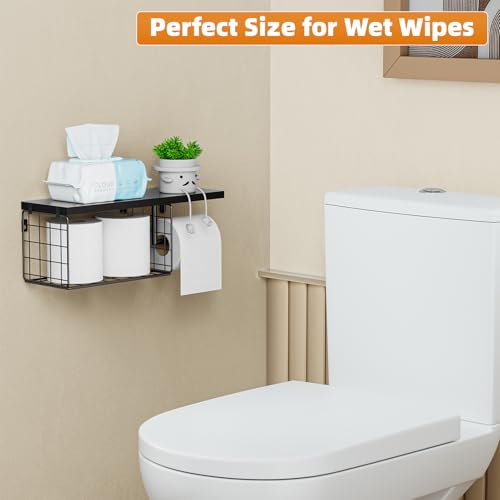 VITVITI Toilet Paper Holder with Shelf, Wall Mounted Toilet Paper Storage Basket, Wood Metal Toilet Roll and Wipes Holder for Bathroom Farmhouse (Black) - color: Black