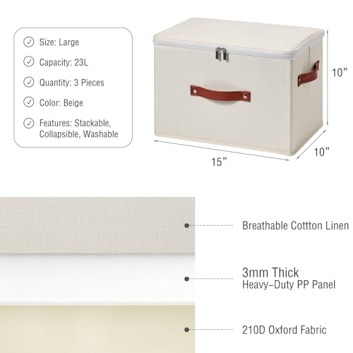 3PCS Storage Bins Boxes with Zippered Lids Cotton Linen Fabric Decorative Basket PU Leather Handles PP Plastic Board Foldable Lidded Clothing Shelf Closet Organizer Container (Beige, Large) - color: Beige, size: Large ( Pack of 3 )