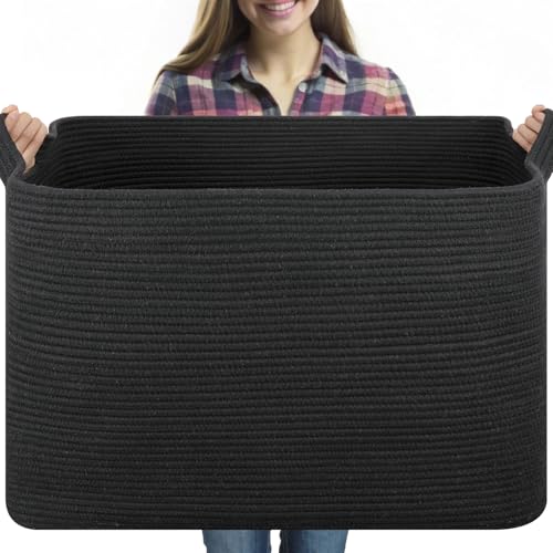 OIASKET 118L Extra Large Blanket Basket, 24.8" x 17.7" x 17.2" Woven Storage Basket for Living Room, Rectangle Nursery Blanket Storage for Toys, Towels, Dirty Clothes (Black) - color: Black, size: 24.8"x17.7"x16.2"