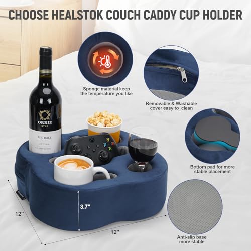 Couch Cup Holder Pillow, Sofa Organizer Caddy Bed Refreshment Tray for Drinks, Remotes, Phones, Snacks (Navy) - color: Navy, size: 12*12*3.7 Inch
