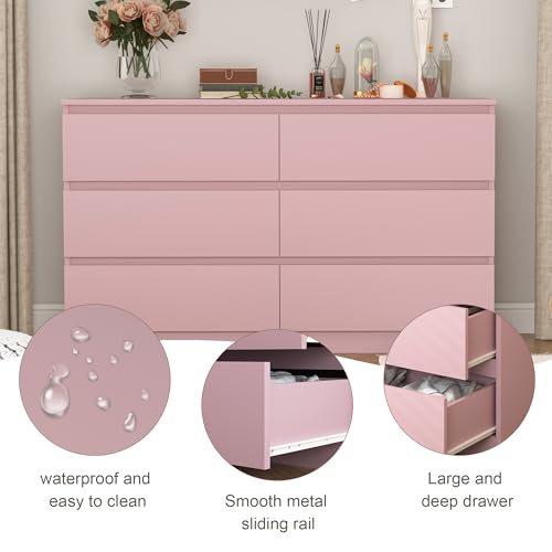 Spaco Pink Dresser for Bedroom,Modern 6 Drawer Dresser with Deep Drawer,Wide Storage Chest of Drawers,Bedroom Storage Organizer Furniture,TV Stand for Living Room - color: Pink, size: 6 Drawers