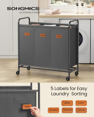 SONGMICS 3-Section Laundry Sorter, Laundry Hamper with Wheels, Rolling Clothes Hamper Cart with Large Capacity and Removable Bags, for Laundry Room, Bedroom, Bathroom, Slate Gray URLS330G01 - color: Slate Gray, size: 170 L