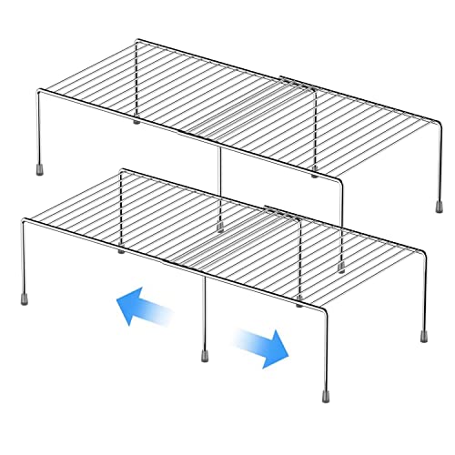 Kitchen Cabinet Expandable Shelf Organizers Set of 2, Adjustable Metal Wire Pantry Storage Shelves, Plate Dish Organizer Rack for Cabinets, Cupboard, Counter, Freezer, Countertop, Chrome - color: Chrome