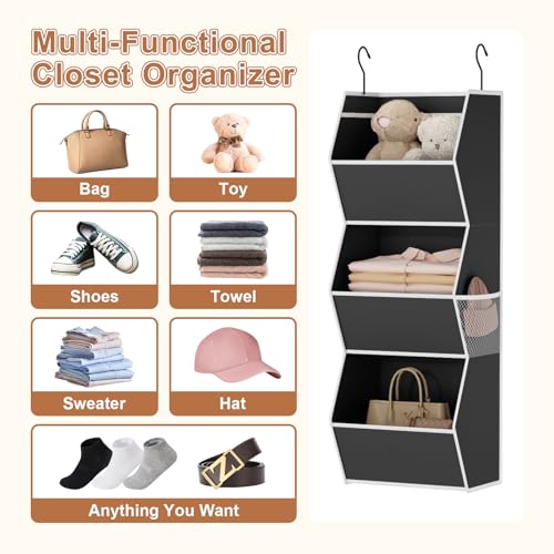 Hanging Closet Organizer 3 Shelf Collapsible Bedroom Closet Organizers and Storage Hanging with Mesh Pocket for Clothes, Closet Hanging Organizers and Storage for Fabric Wardrobe Space Saver, Black - color: Black-1 Pack, size: 3-shelf
