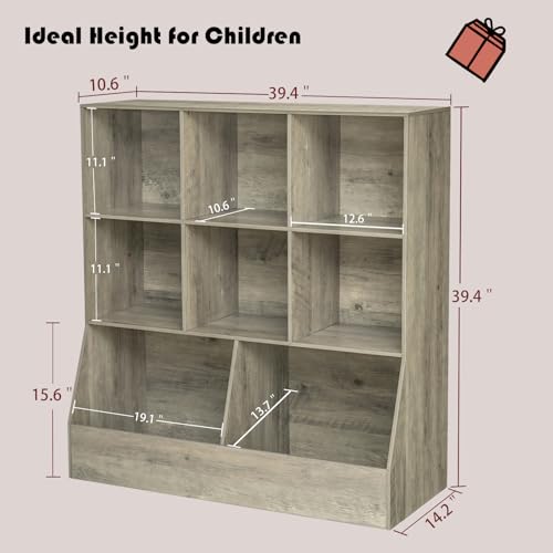 DINZI LVJ Toy Storage Organizer, Kids Bookshelf, Wood Toy Storage Cabinet, 3-Tier 8 Cubby Children Bookcase, 39.4" L Toddler Book Shelf for Playroom, Living Room, Nursery, Hallway, School, Gray Wash - color: Gray Wash, size: 3-Tier 39.4"