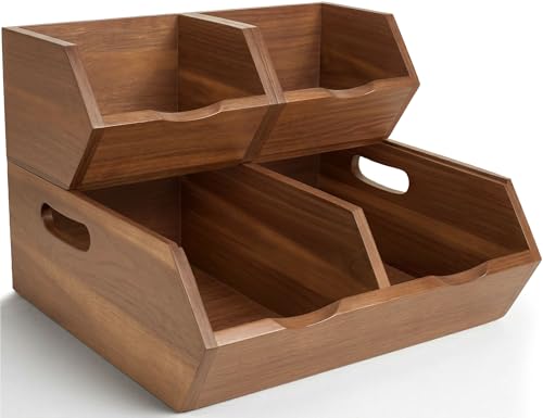 Potato and Onion Storage Bin Set of 3 – Stackable Acacia Wood Onion Storage & Vegetable Baskets for Kitchen Pantry | Wooden Onion and Potato Storage Bins for Potatoes, Garlic & Fruit