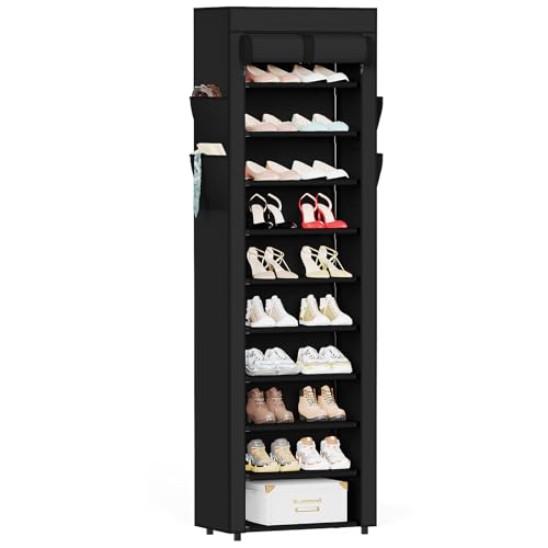 Mavivegue Shoe Rack with Cover, 10 Tier Tall Shoe Organizer for 18-22 Pairs of Shoes, Shoe Organizer with 4 Side Pockets, Shoe Cabinet for Entryway, Closet - color: Black