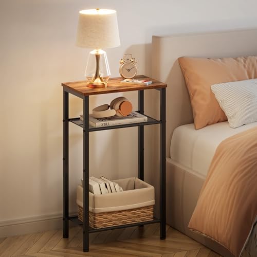 Hoctieon 2-Set 3 Tier End Table, Telephone Table Set of 2, Tall Side Table with Storage Set of 2, Small Nightstand for Small Spaces, Metal Frame, for Living Room, Bedroom, Sofa Couch, Rustic Brown - color: Rustic Brown, size: 2 Pack
